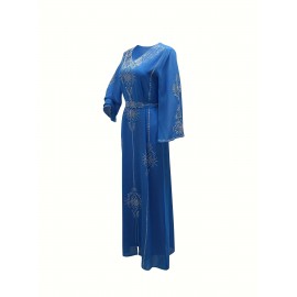 Elegant Floral Printed 1pc Long Sleeve Abaya - Polyester Chiffon Summer Robe with Rhinestone Embellishments and Belt for Middle Eastern Women