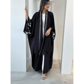 1pc Middle Eastern-Inspired Embroidered Scarf-Style Abaya Cardigan for Women - Solid Color Long Sleeve Loose Fit Breathable All-Season Versatile Muslim Bayan Elbiseleri