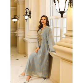 Luxury Muslim Women's Abaya Toga Dress with Golden Embroidery - Middle Eastern Style Long Sleeve Polyester Gown for Weddings & Formal Events, Loose Fit, Geometric Pattern, Hand Wash or Dry Clean, Muslim Clothes