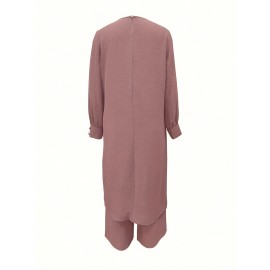 [Ramadan Top Set] Ramadan Solid Color Long Sleeve Top and Pants Set | Arabic Style, Polyester, with Faux Button Detail, for All Seasons, Women's