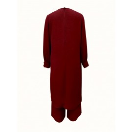 [Ramadan Top Set] Ramadan Solid Color Long Sleeve Top and Pants Set | Arabic Style, Polyester, with Faux Button Detail, for All Seasons, Women's