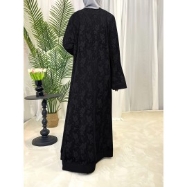 Elegant Black Lace Abaya with Contrast Lace Trim - Long Sleeve, Floor-Length, Belted, All-Season Wear, Traditional Middle Eastern Attire for Women, Cultural Attire|Elegant Abaya|Lace Trim Abaya