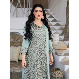 Directional Heavy Industrial Beaded Embroidery Arabic Women's Elegant Dress JALABIA V-Neck Black Creative Asymmetrical Splicing Latest Design Saudi National Day Gown