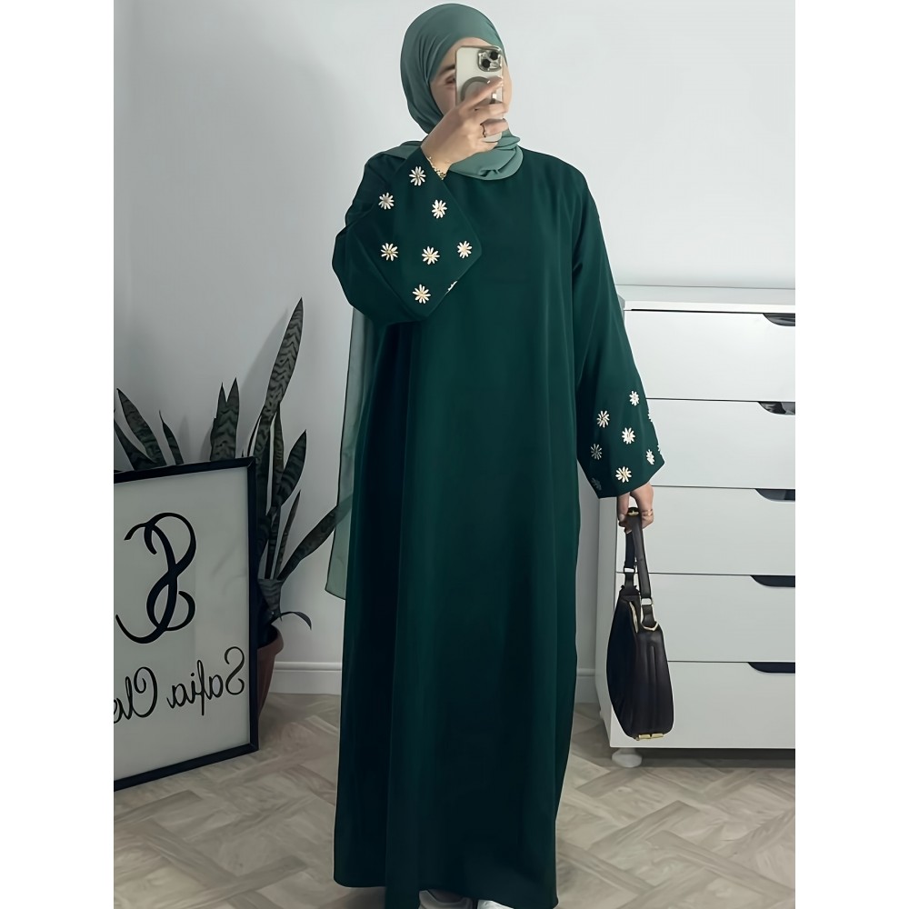 1pc Women's Islamic Abaya Dress - Elegant Hijab Outfit with Cuff Floral embroidery, Navy Blue Arabicrobe, Loose Fit Non-Stretch Muslim Dress for Daily Prayer, Office, Travel - No Scarf Needed, Modest Apparel, Quality Embroidery Detail