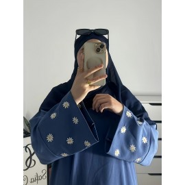 1pc Women's Islamic Abaya Dress - Elegant Hijab Outfit with Cuff Floral embroidery, Navy Blue Arabicrobe, Loose Fit Non-Stretch Muslim Dress for Daily Prayer, Office, Travel - No Scarf Needed, Modest Apparel, Quality Embroidery Detail