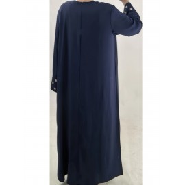 1pc Women's Islamic Abaya Dress - Elegant Hijab Outfit with Cuff Floral embroidery, Navy Blue Arabicrobe, Loose Fit Non-Stretch Muslim Dress for Daily Prayer, Office, Travel - No Scarf Needed, Modest Apparel, Quality Embroidery Detail