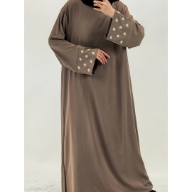 1pc Women's Islamic Abaya Dress - Elegant Hijab Outfit with Cuff Floral embroidery, Navy Blue Arabicrobe, Loose Fit Non-Stretch Muslim Dress for Daily Prayer, Office, Travel - No Scarf Needed, Modest Apparel, Quality Embroidery Detail