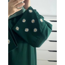 1pc Women's Islamic Abaya Dress - Elegant Hijab Outfit with Cuff Floral embroidery, Navy Blue Arabicrobe, Loose Fit Non-Stretch Muslim Dress for Daily Prayer, Office, Travel - No Scarf Needed, Modest Apparel, Quality Embroidery Detail