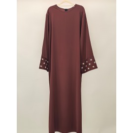 1pc Women's Islamic Abaya Dress - Elegant Hijab Outfit with Cuff Floral embroidery, Navy Blue Arabicrobe, Loose Fit Non-Stretch Muslim Dress for Daily Prayer, Office, Travel - No Scarf Needed, Modest Apparel, Quality Embroidery Detail