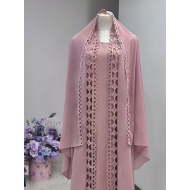 Middle Eastern Muslim Fashion Long Sleeve Embroidered Contrast Lace Patchwork Abaya Dress and Hijab Three-Piece Set