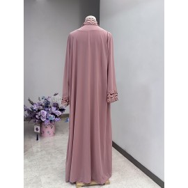 Middle Eastern Muslim Fashion Long Sleeve Embroidered Contrast Lace Patchwork Abaya Dress and Hijab Three-Piece Set