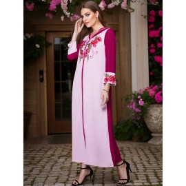Women'S Elegant Long Sleeve Maxi Dress with Rhinestone Embellishments, Solid Color Polyester 100%, All-Season Woven Fabric, Regular Sleeve, No Belt - Pink & Magenta Floral Pattern