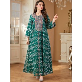 Elegant Floral Sequin Embroidered Long Sleeve Dress - Traditional Middle Eastern Style, Polyester Lined, All-Season Wear