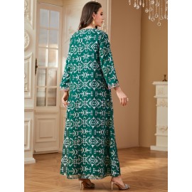 Elegant Floral Sequin Embroidered Long Sleeve Dress - Traditional Middle Eastern Style, Polyester Lined, All-Season Wear