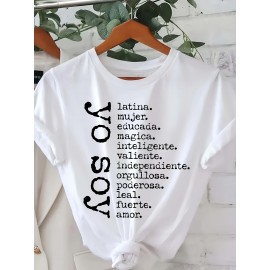Women's Empowerment Spanish Letter Print T-Shirt - Short Sleeve Crew Neck Casual Top with Bold 