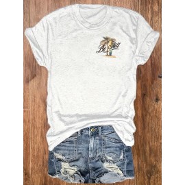 Women's Casual Graphic Print T-Shirt - Short Sleeve Crew Neck, Summer & Spring Essential, White with Palm Tree Design, Machine Washable, Medium Stretch Fabric, Relaxed Fit Top | Vacation Style Shirt | Nontransparent Material