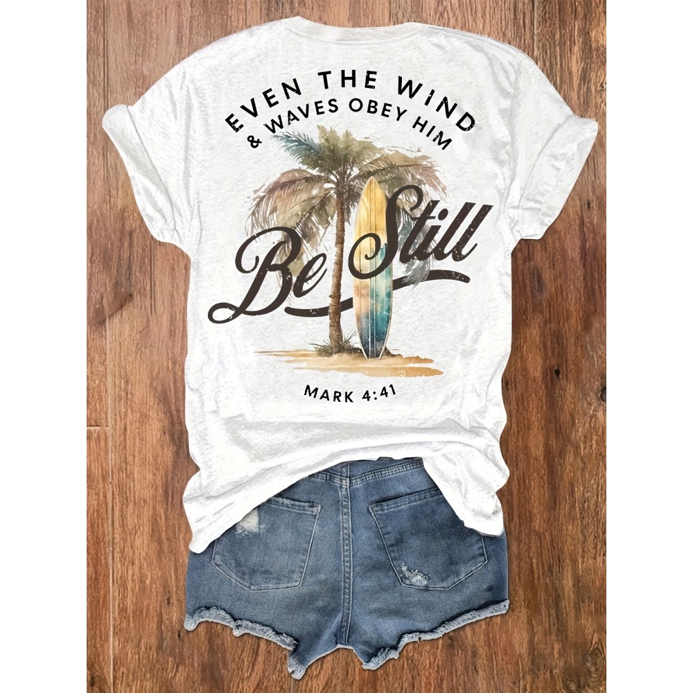 Women's Casual Graphic Print T-Shirt - Short Sleeve Crew Neck, Summer & Spring Essential, White with Palm Tree Design, Machine Washable, Medium Stretch Fabric, Relaxed Fit Top | Vacation Style Shirt | Nontransparent Material