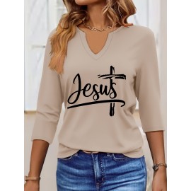 [Jesus Print Casual Top] Comfortable Polyester Women's Casual V-Neck 3/4 Sleeve Top with 