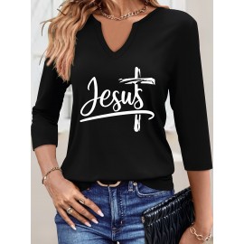 [Jesus Print Casual Top] Comfortable Polyester Women's Casual V-Neck 3/4 Sleeve Top with 
