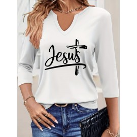 [Jesus Print Casual Top] Comfortable Polyester Women's Casual V-Neck 3/4 Sleeve Top with 