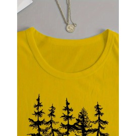 Women's Casual Long Sleeve Crew Neck T-Shirt - Forest Graphic Print with Pine Trees & Bear Silhouette, Medium Stretch Machine-Washable Top for Spring/Fall, Regular Fit Nature-Inspired Casual Attire, Allseason Apparel, Mediumelastic Fabric