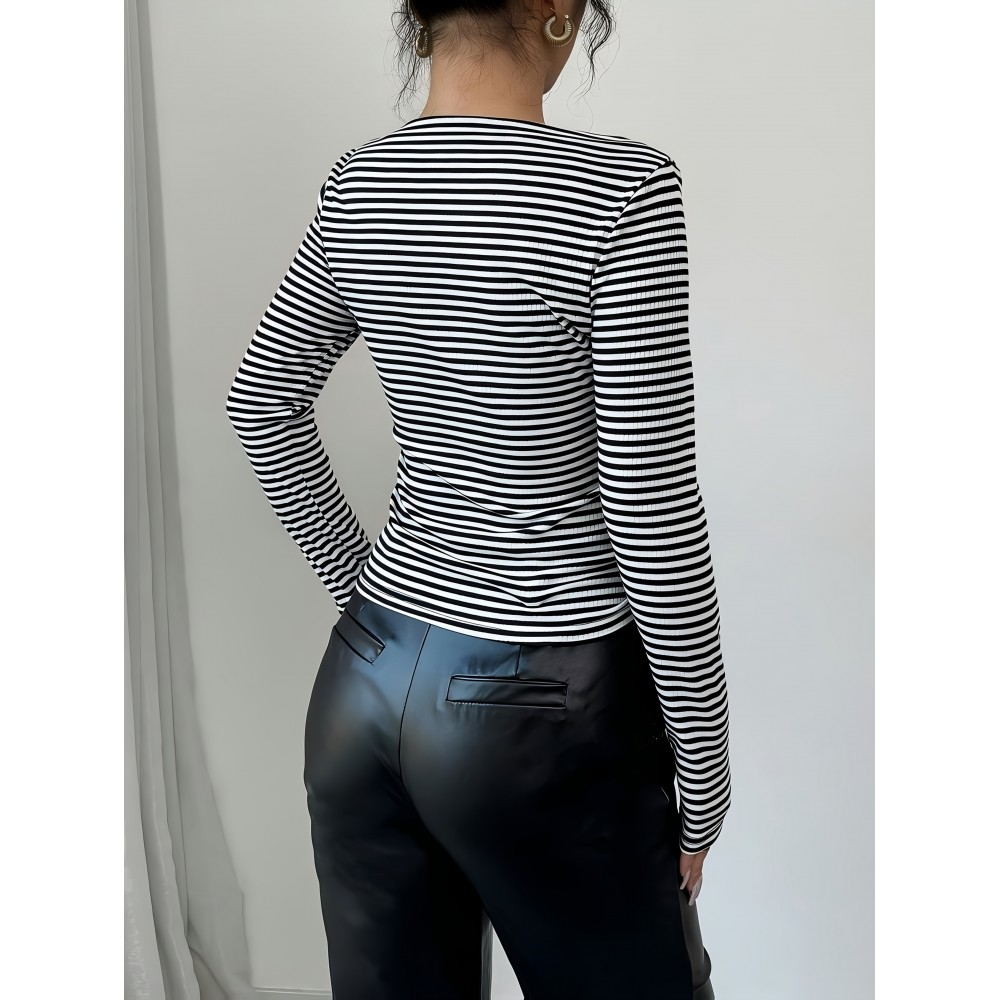 [Casual Striped T-Shirt] Polyester Women's Casual Striped T-Shirt with Tie-Front Detail | Black & White Vertical Stripes, Long Sleeve, Round Neck, Perfect for Spring/Fall, Everyday Fashion, Casual Wear