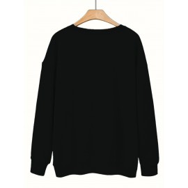 [Thankful Print Sweatshirt] Women's Casual Thankful Print Sweatshirt - 100% Polyester Knit Crew Neck Long Sleeve Top For Fall/Winter - Soft, Machine Washable, Plus Size Comfort Wear