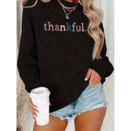 [Thankful Print Sweatshirt] Women's Casual Thankful Print Sweatshirt - 100% Polyester Knit Crew Neck Long Sleeve Top For Fall/Winter - Soft, Machine Washable, Plus Size Comfort Wear