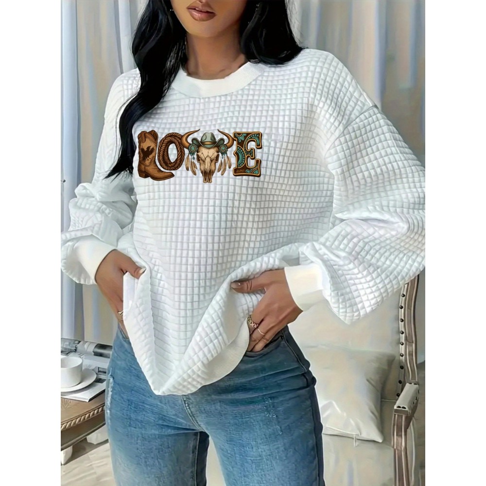 Women's Western Cowboy Print Waffle Sweatshirt - Cozy Bull Skull & Cactus LOVE Lettering Design, Casual Fall Winter Pullover, Machine Washable White Sweater for Country-Themed Outfits
