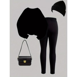 2pcs Set Women'S Casual New York Monogram Print Long Sleeve Knitted Polyester Spandex Crew Neck Sweatshirt & Sweatpants Set, Comfortable Stretch Fabric, 250g/m² 230g/m², for Fall, Winter, Outdoor Use