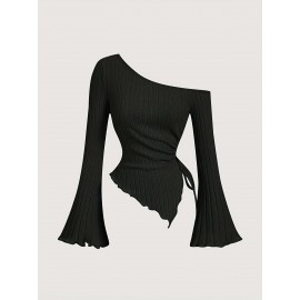[Casual Off-Shoulder Top] Off-Shoulder Trumpet Sleeve Women's Casual Top with Ruffle Hem Skirt Set