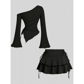 [Casual Off-Shoulder Top] Off-Shoulder Trumpet Sleeve Women's Casual Top with Ruffle Hem Skirt Set