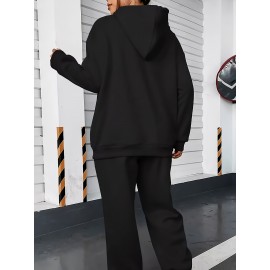 [Women's Hooded Tracksuit Set] Elegant Women's Hooded Tracksuit Set, Polyester Knit Fabric, Alphabet Pattern, Comfortable Loungewear, with Pink Bow Detail, for Fall/Winter