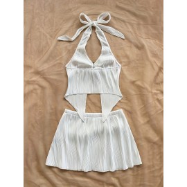 [Elegant Summer Two-Piece Set] Elegant Women's Summer Two-Piece Set - V-Neck Strap Top with Bow Detail & High-Waisted Skirt, Polyester Blend, Textured Fabric, Perfect for Spring/Summer, Casual Attire