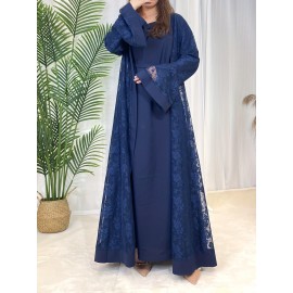 Elegant Black Lace Abaya with Contrast Lace Trim - Long Sleeve, Floor-Length, Belted, All-Season Wear, Traditional Middle Eastern Attire for Women, Cultural Attire|Elegant Abaya|Lace Trim Abaya