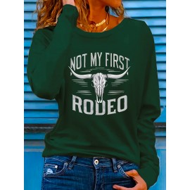 Women'S Western Bull Skull Graphic Long Sleeve T-Shirt - Stretchy Polyester Blend, Casual Crew Neck, Spring/Summer Vacation Top with 