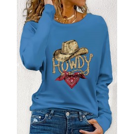 Women's Western Cowboy Graphic Long Sleeve Top - Vintage HOWDY Print with Hat & Bandana Design, Soft Grey All-Season Casual Shirt, Machine Washable Round Neck Women's Clothing, Seasonal Fashion, Comfortable Fit