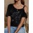 Women's Sexy Off-Shoulder Graphic Print T-Shirt - Black Rose & Butterfly Design, Thin Strap Short Sleeve Summer Top, Machine Washable Casual Chic Blouse for Women, Nontransparent Fabric