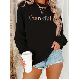 [Thankful Print Sweatshirt] Women's Casual Thankful Print Sweatshirt - 100% Polyester Knit Crew Neck Long Sleeve Top For Fall/Winter - Soft, Machine Washable, Plus Size Comfort Wear