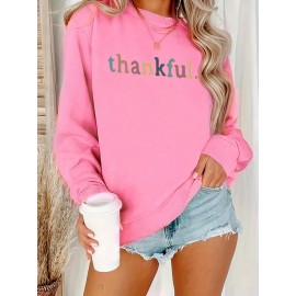 [Thankful Print Sweatshirt] Women's Casual Thankful Print Sweatshirt - 100% Polyester Knit Crew Neck Long Sleeve Top For Fall/Winter - Soft, Machine Washable, Plus Size Comfort Wear