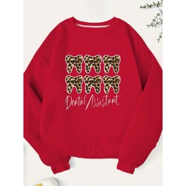Women's Dental Assistant Graphic Print Crew Neck Sweatshirt - Teeth Leopard Pattern Casual Pullover, Relaxed Fit Fall & Spring Top, Machine Washable, Dental Assistant Gifts, No Stretch Fabric