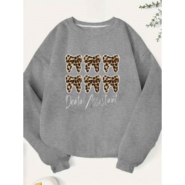 Women's Dental Assistant Graphic Print Crew Neck Sweatshirt - Teeth Leopard Pattern Casual Pullover, Relaxed Fit Fall & Spring Top, Machine Washable, Dental Assistant Gifts, No Stretch Fabric