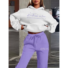 Women's Fashion Casual Letter Print Set - Premium Autumn/Winter Trendy Youthful Fleece Hoodie and Jogger Pants Two-Piece Outfit, Versatile Hooded Suit for Women, Ideal Gift Choice