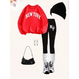 2pcs Set Women'S Casual New York Monogram Print Long Sleeve Knitted Polyester Spandex Crew Neck Sweatshirt & Sweatpants Set, Comfortable Stretch Fabric, 250g/m² 230g/m², for Fall, Winter, Outdoor Use