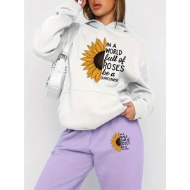 Autumn Winter New Arrival, Sunflower Creative Letter Print Hoodie Sweatshirt and Pants Two-Piece Set, Casual Style, with Pocket, for Women, Fall/Winter Collection, Graphic Design, Long Sleeve, Comfortable Fit, Perfect for Outdoor